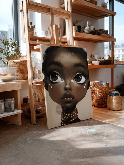 Black Girl Wall Art, Surreal Big Eye Portrait Print, Canvas Framed and Framed