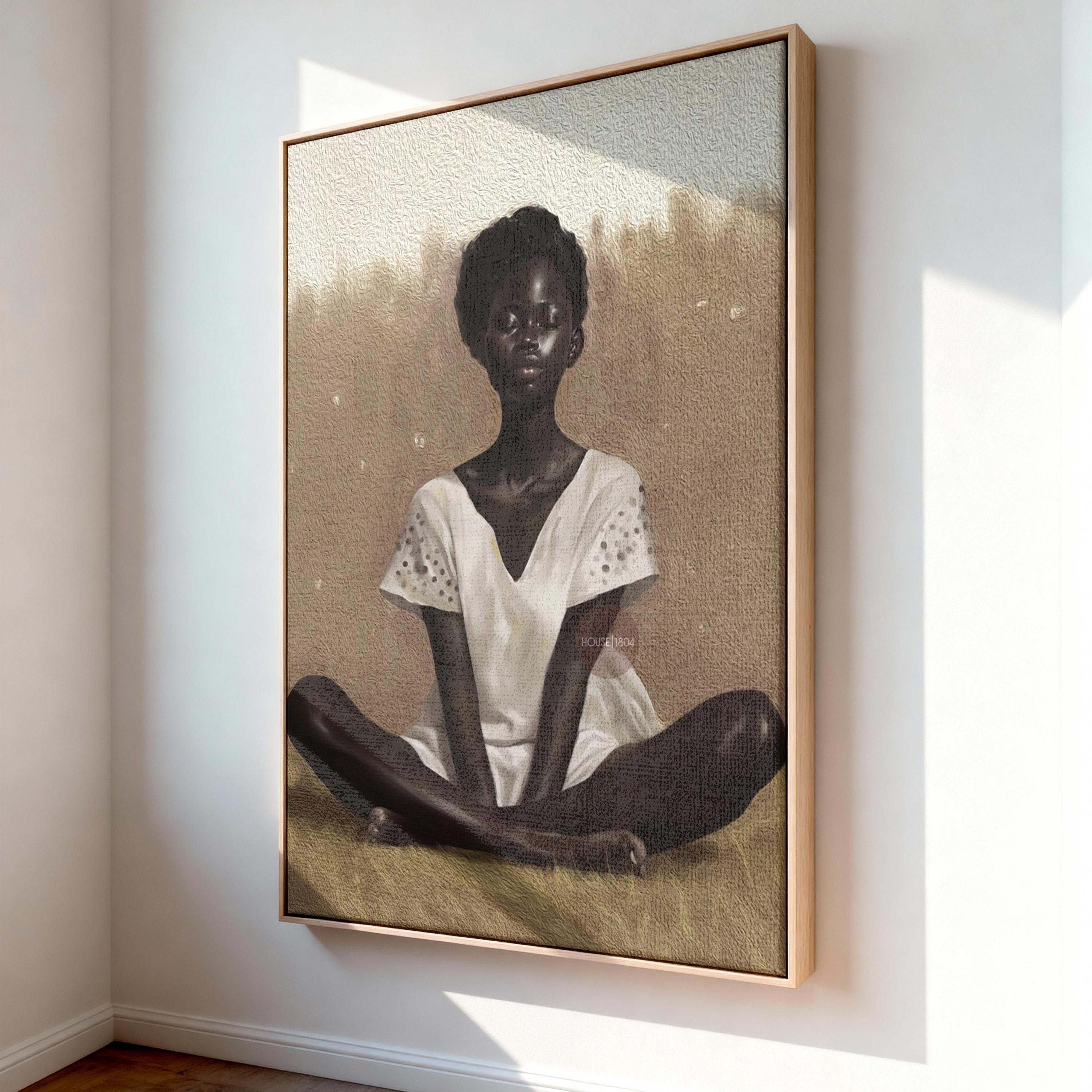 Black Woman Relaxing Wall Art – Afrocentric Canvas, Melanin Decor, Beige Luxury Print