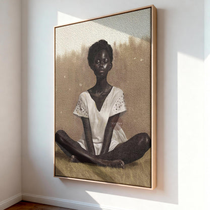 Black Woman Relaxing Wall Art – Afrocentric Canvas, Melanin Decor, Beige Luxury Print