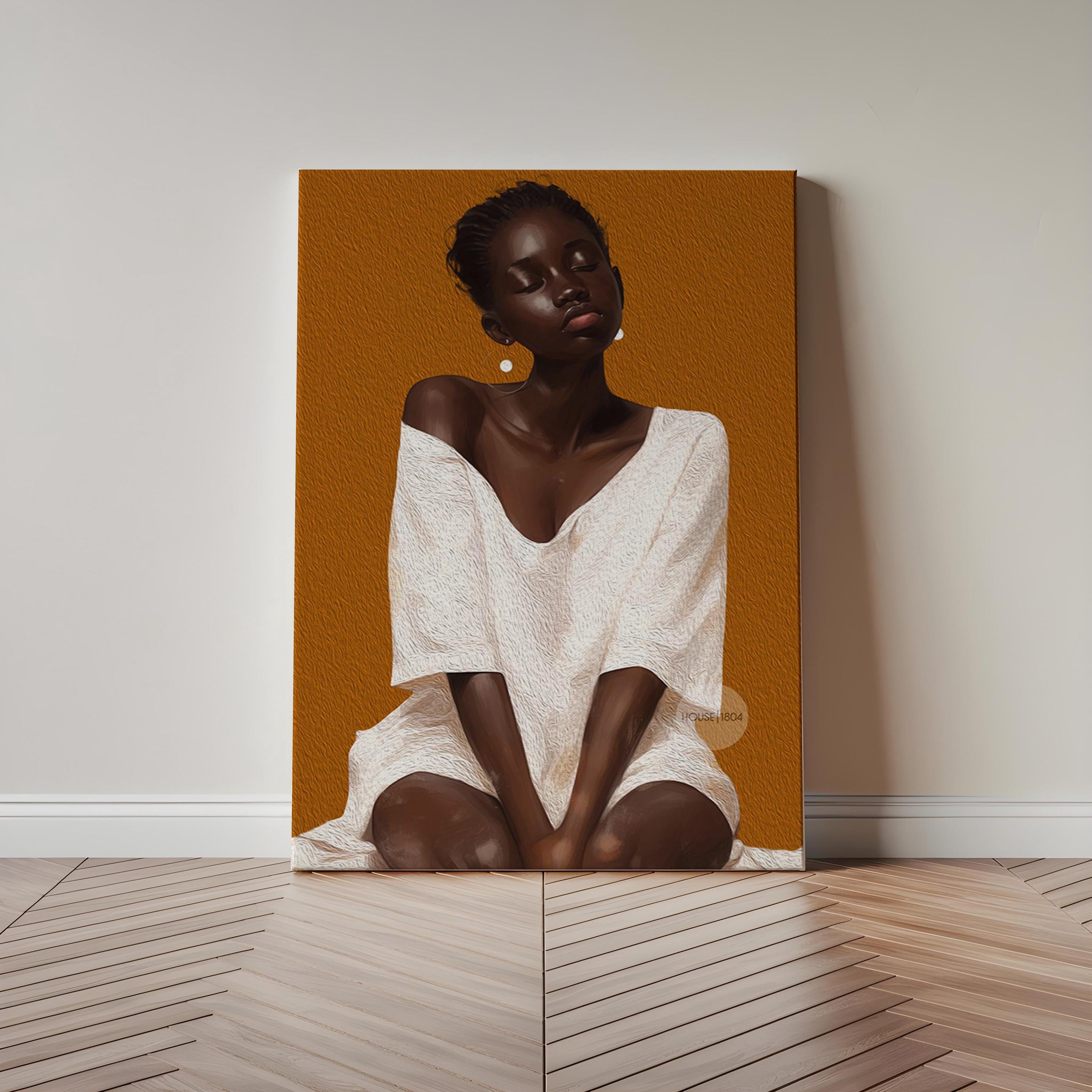 A Black woman in a white digitally textured dress is depicted in a portrait against an honey orange background. Her eyes are closed, in deep thought.