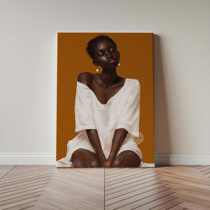 A Black woman in a white digitally textured dress is depicted in a portrait against an honey orange background. Her eyes are closed, in deep thought.