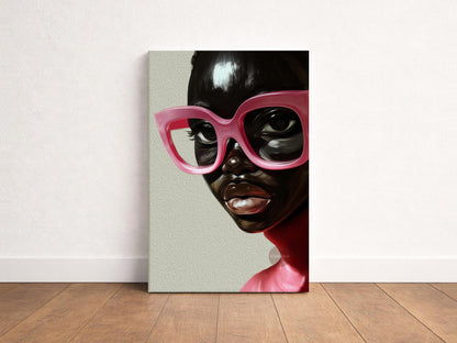 Black Woman Wall Art, Vintage Glasses, Afrocentric Glamour Canvas Print, Pink