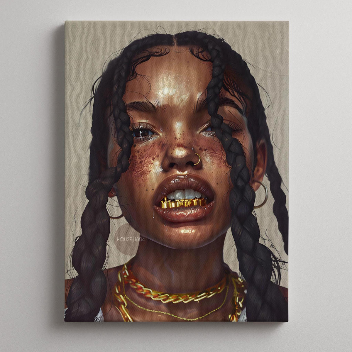 Black Girl Canvas Artwork: African American Grillz Art Print, Urban Boho Neutral Decor