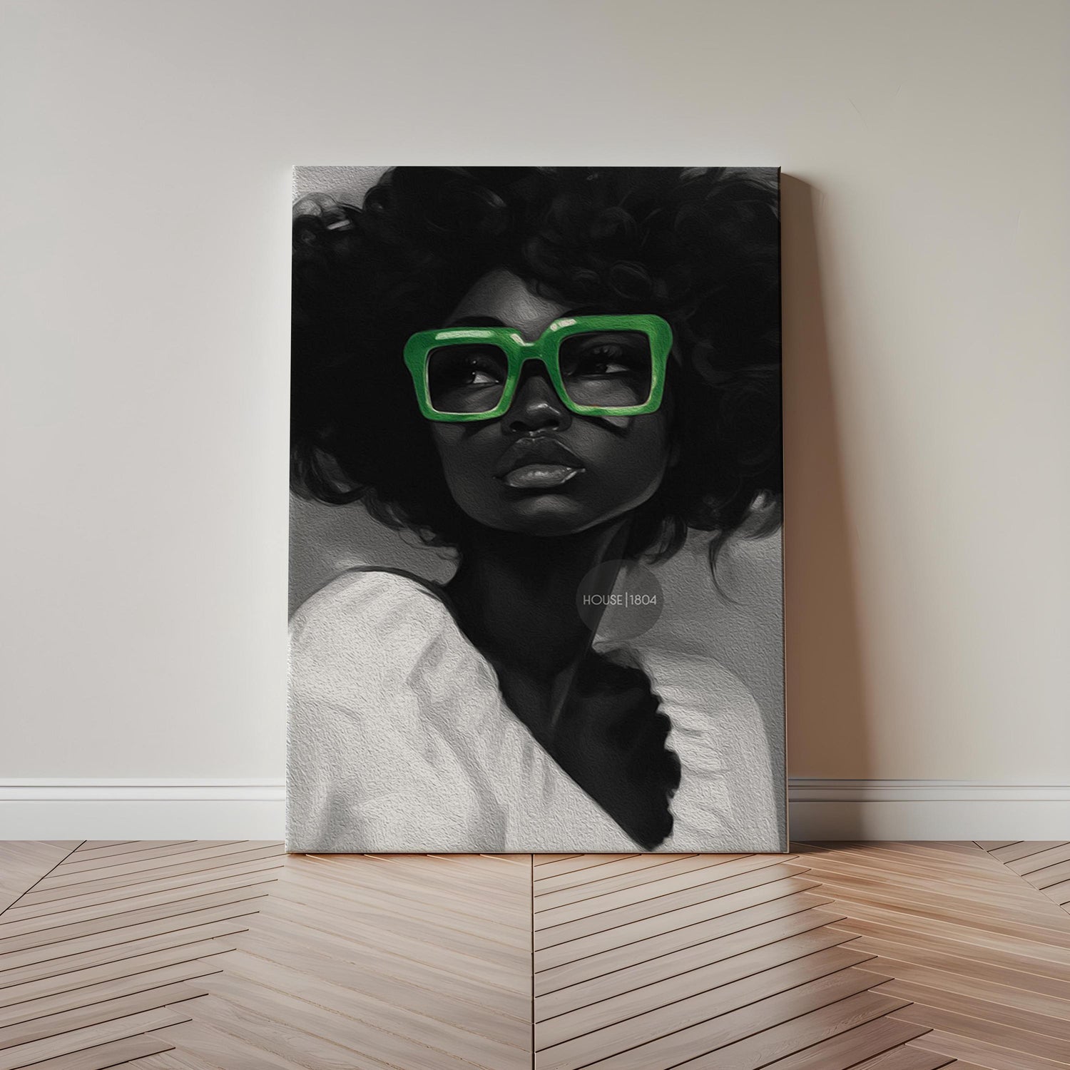 Black Woman Canvas Art - Bold Green Glasses Framed Black and White Portrait Print