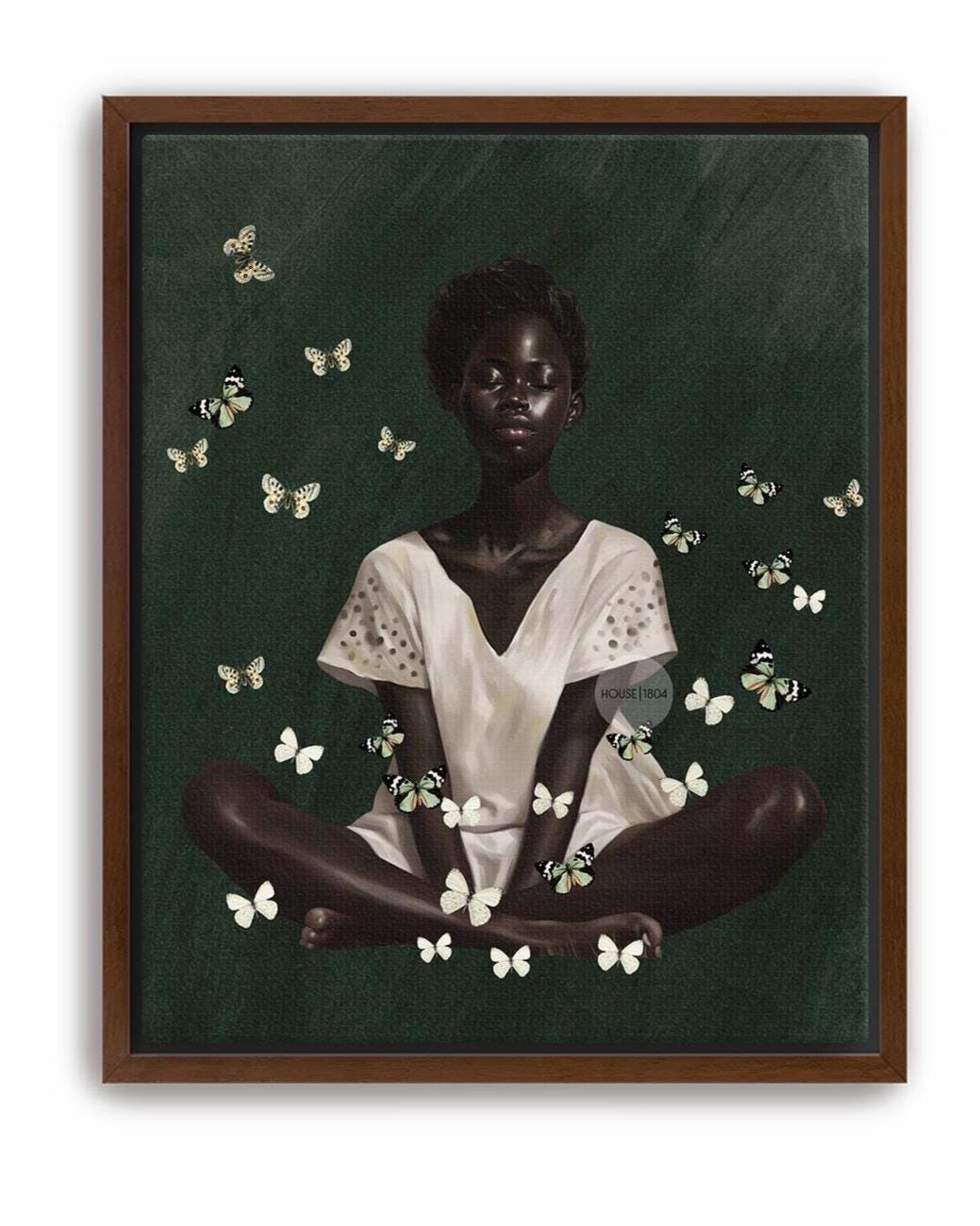 Black Woman Wall Art – Deep Green Serene Art Print With White Butterfly Portrait