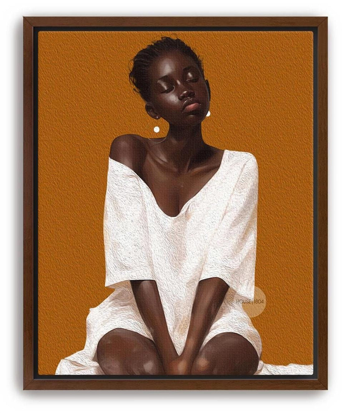 A Black woman in a white digitally textured dress is depicted in a portrait against an honey orange background. Her eyes are closed, in deep thought.