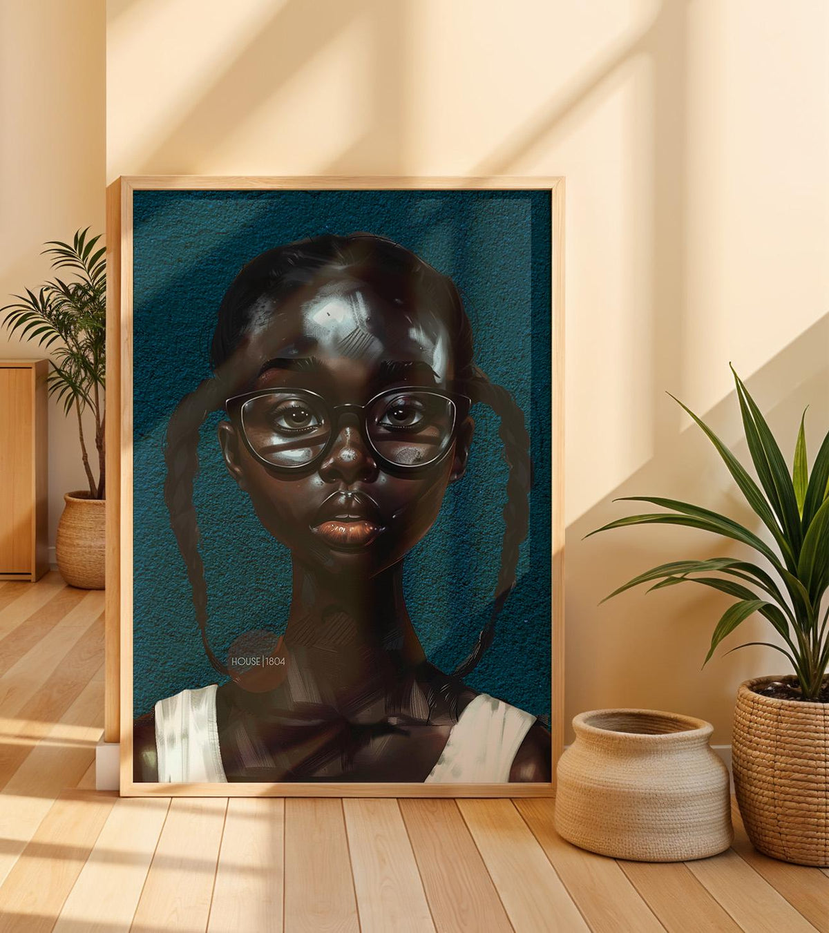 Black Girl Art Print, Little Black Girl Blues Portrait, Pigtails.