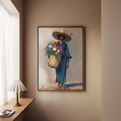 Black Woman Floral Canvas Art, Tropical Botanical Woman Portrait, Plant Lady with Flowers Canvas Art