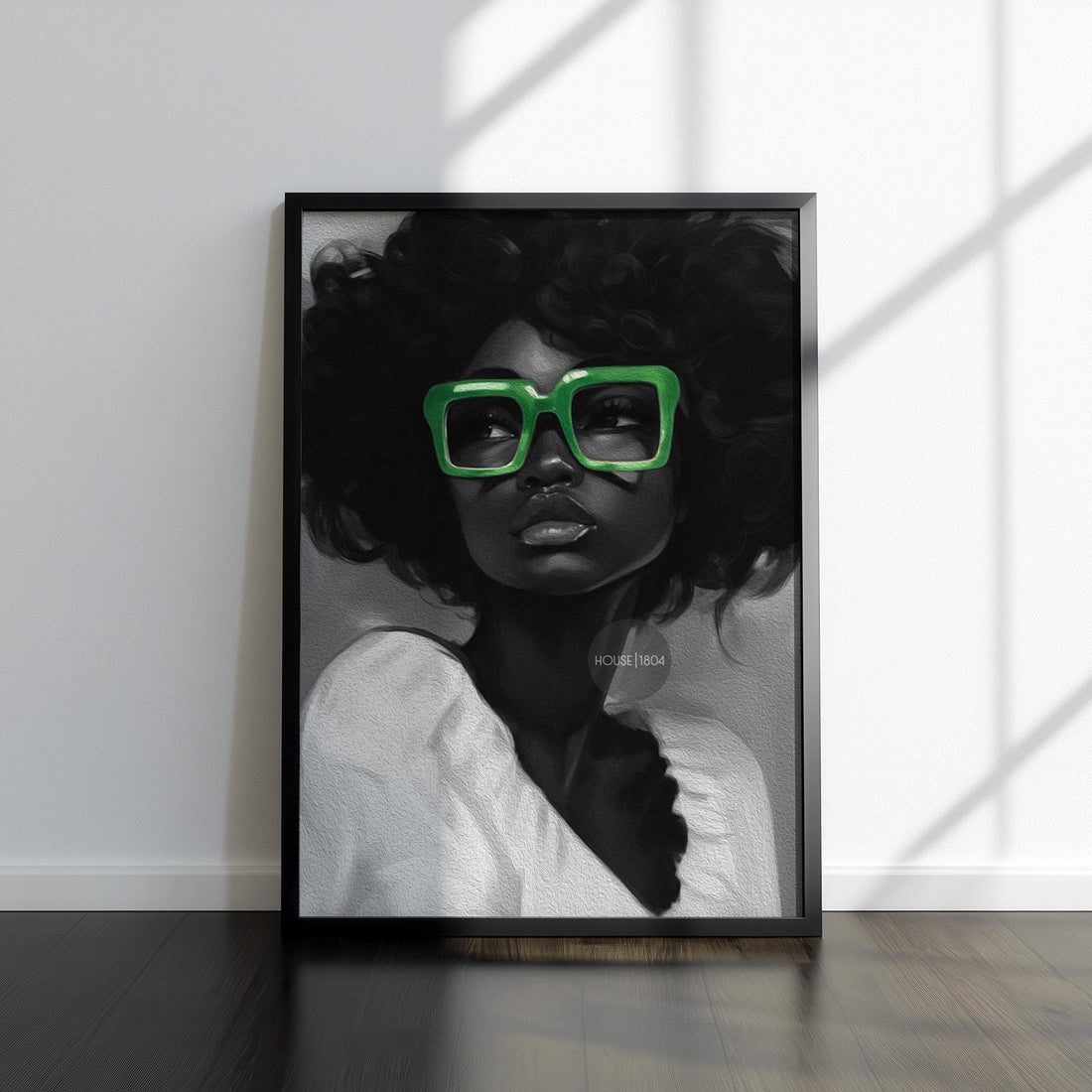 Black Woman Canvas Art - Bold Green Glasses Framed Black and White Portrait Print