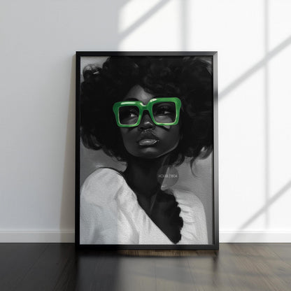 Black Woman Canvas Art - Bold Green Glasses Framed Black and White Portrait Print