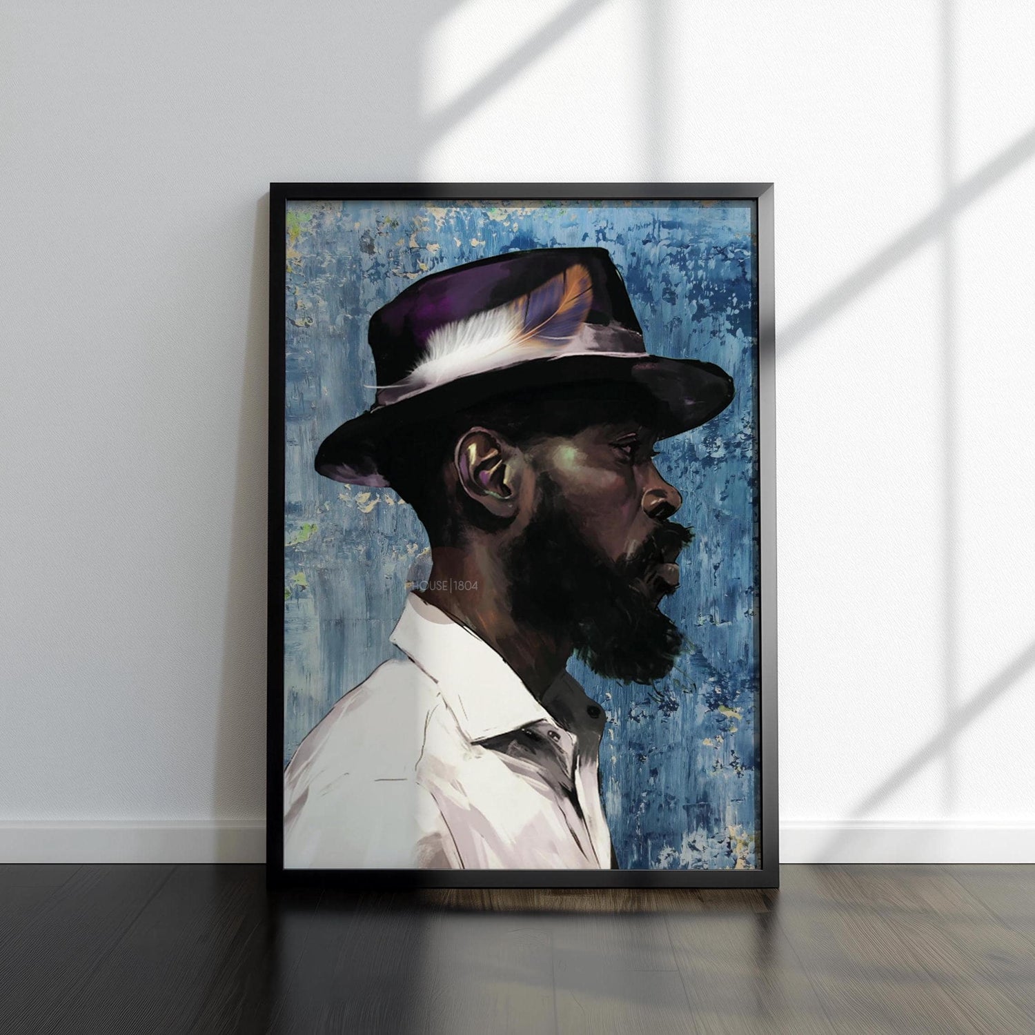 Modern Black Man Blues Framed Wall Art Gift for Him