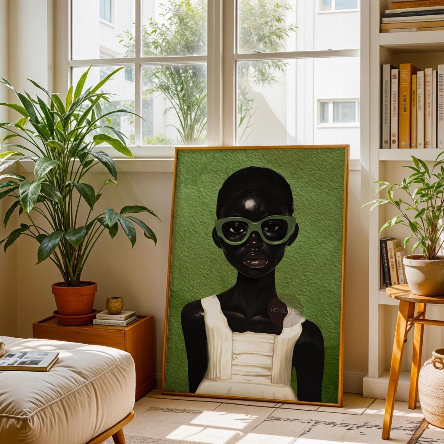 Black Girl Portrait Abstract Art: Green Bohemian Print, Urban Home Canvas