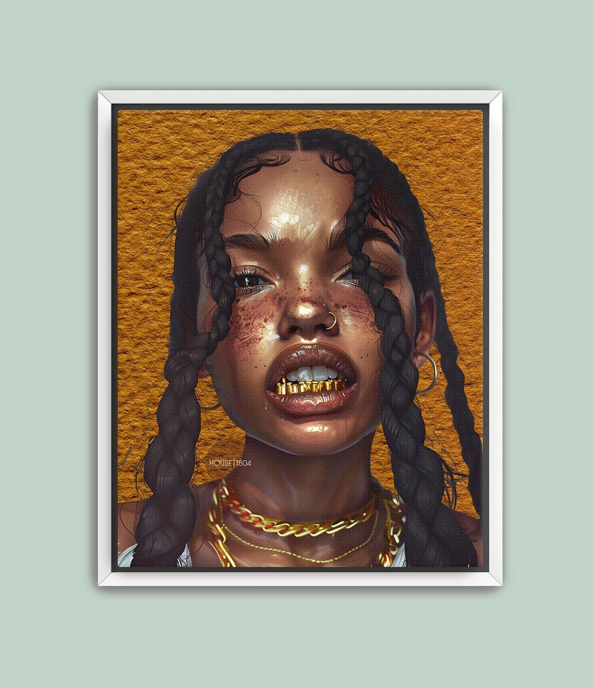 Black Woman Wall Canvas Art, Urban Afro Latina Canvas, Gold Grillz Print