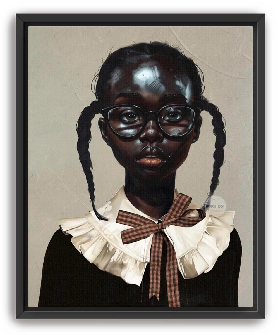 a young girl with beautiful deep dark skin wearing reading glasses and a white collar, with a brown plaid bowtie on her shirt and two cute pigtails in her hair. She resembles a school girl in uniform.