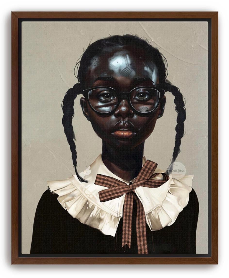 a young girl with beautiful deep dark skin wearing reading glasses and a white collar, with a brown plaid bowtie on her shirt and two cute pigtails in her hair. She resembles a school girl in uniform.