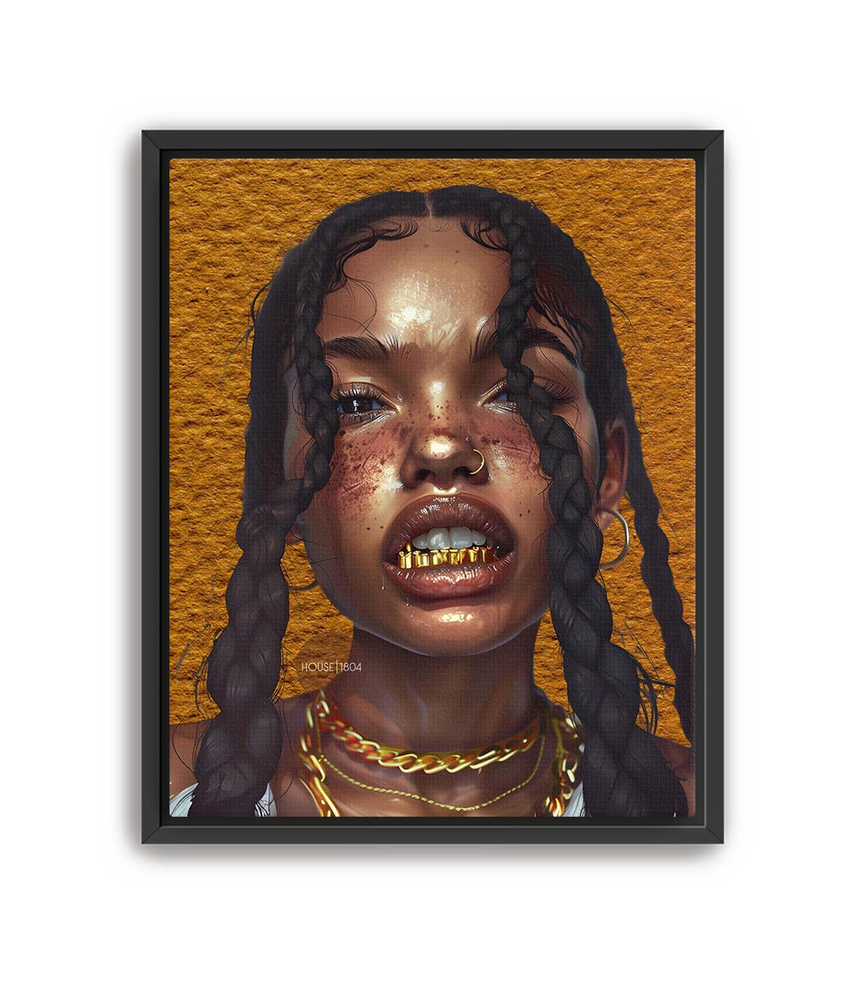 Black Woman Wall Canvas Art, Urban Afro Latina Canvas, Gold Grillz Print