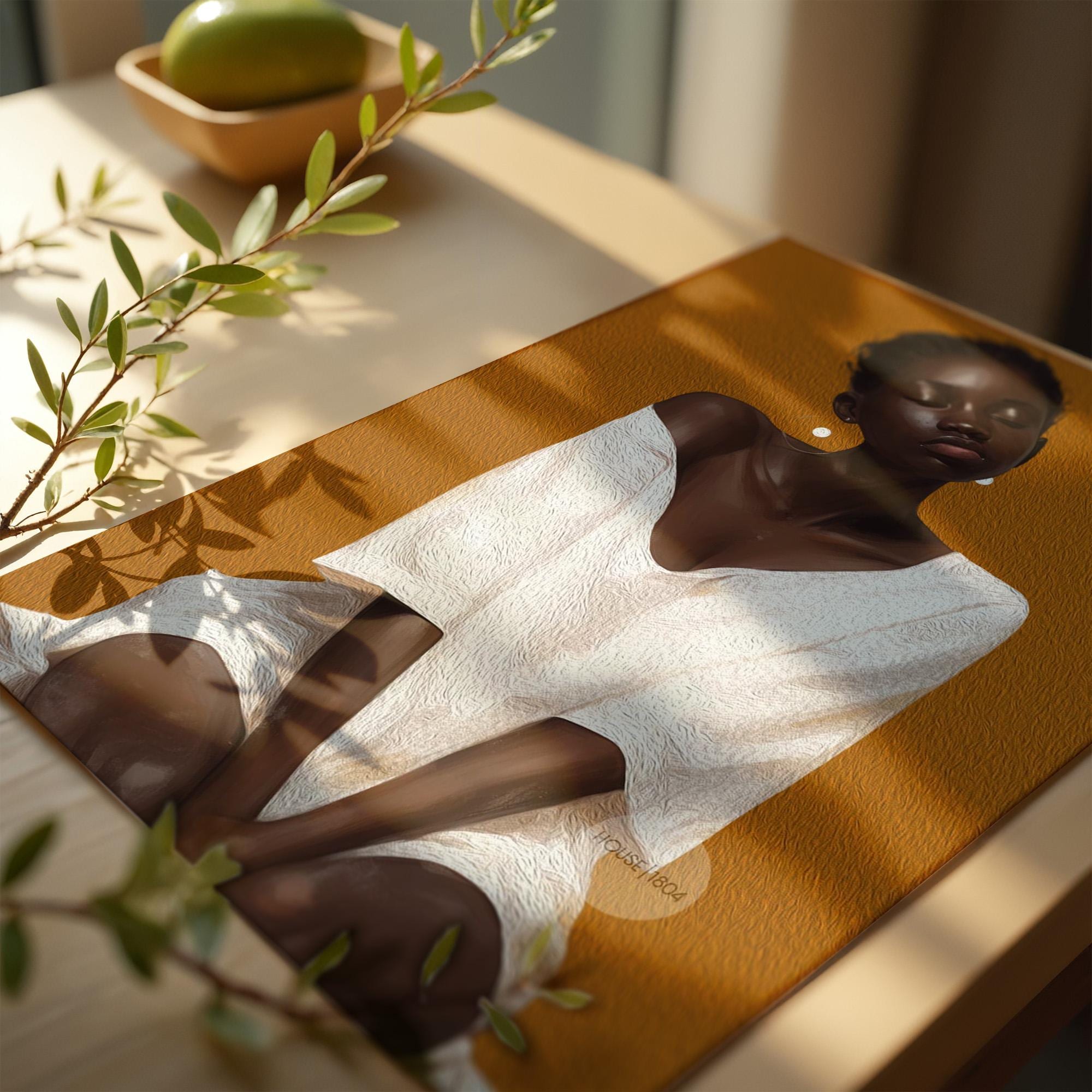 A Black woman in a white digitally textured dress is depicted in a portrait against an honey orange background. Her eyes are closed, in deep thought.