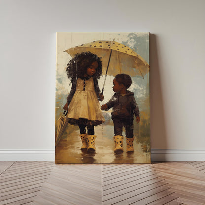 Black Sibling Art Print: Brother and Sister in Rain