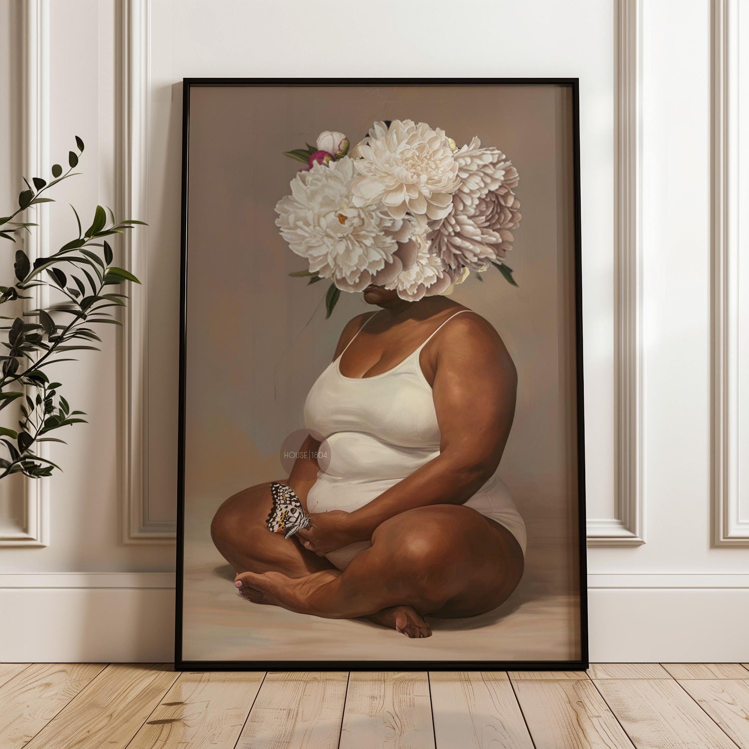 Curvy Black Woman Meditation Canvas: Flower Head Art, Positive Body Art Print