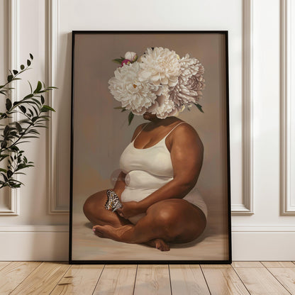Curvy Black Woman Meditation Canvas: Flower Head Art, Positive Body Art Print