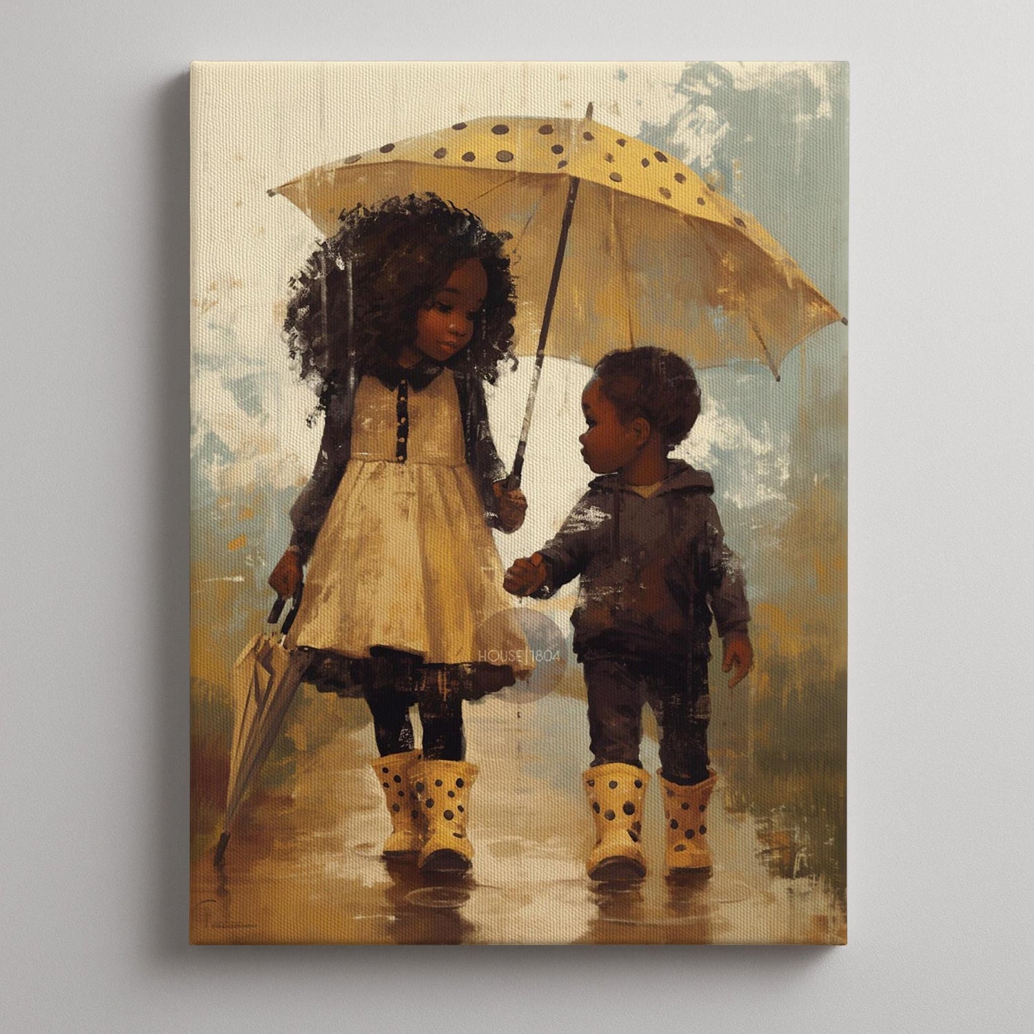 Black Sibling Art Print: Brother and Sister in Rain