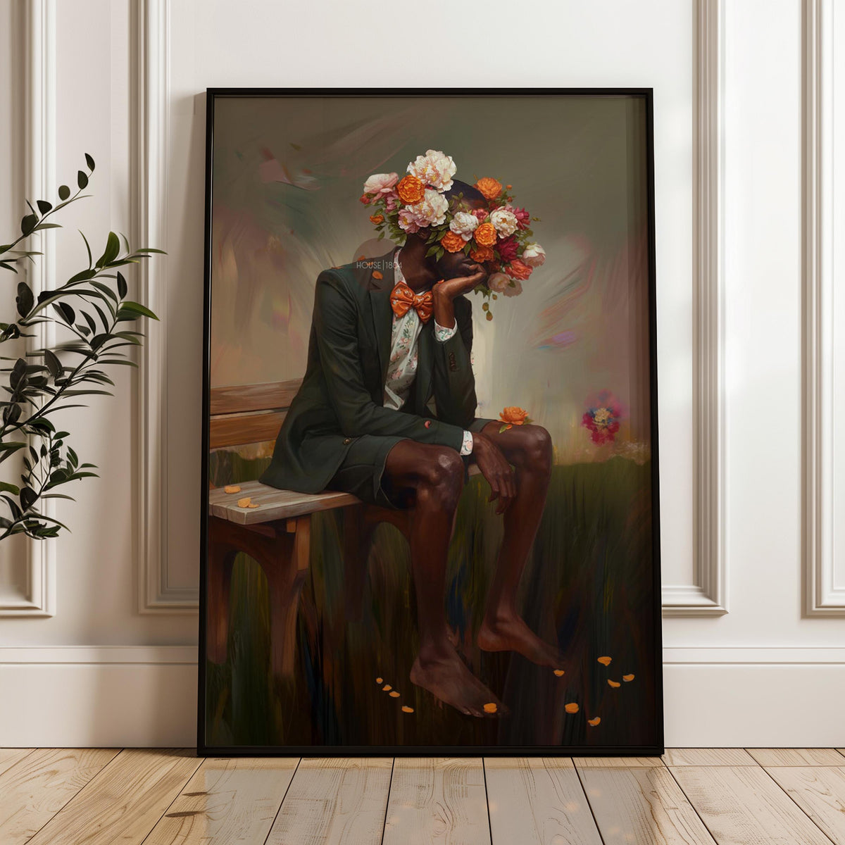 Afrocentric Man Floral Canvas Art, Black Masculine Portrait, Male Flower Head Artwork
