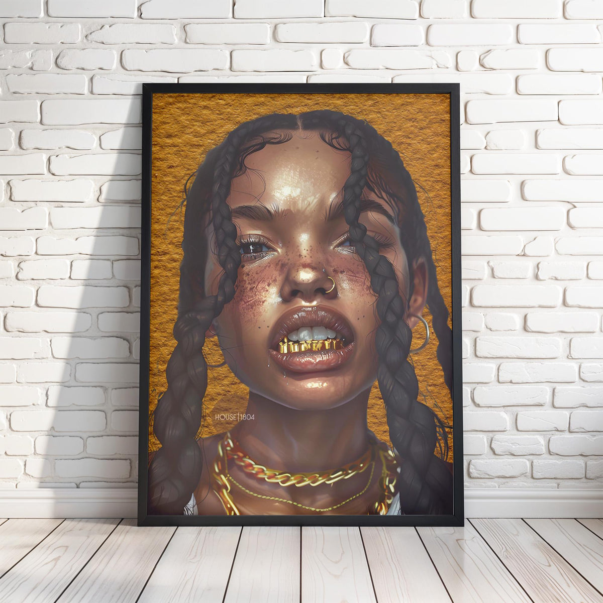 Black Woman Wall Canvas Art, Urban Afro Latina Canvas, Gold Grillz Print