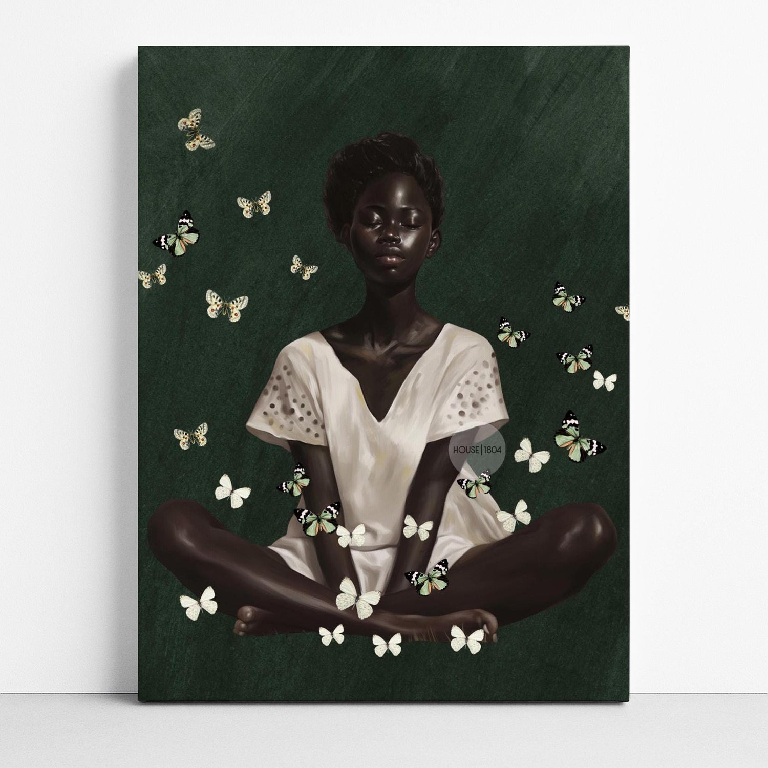 Black Woman Wall Art – Deep Green Serene Art Print With White Butterfly Portrait