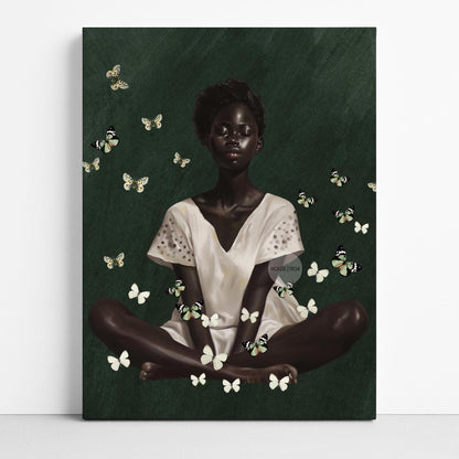 Black Woman Wall Art – Deep Green Serene Art Print With White Butterfly Portrait