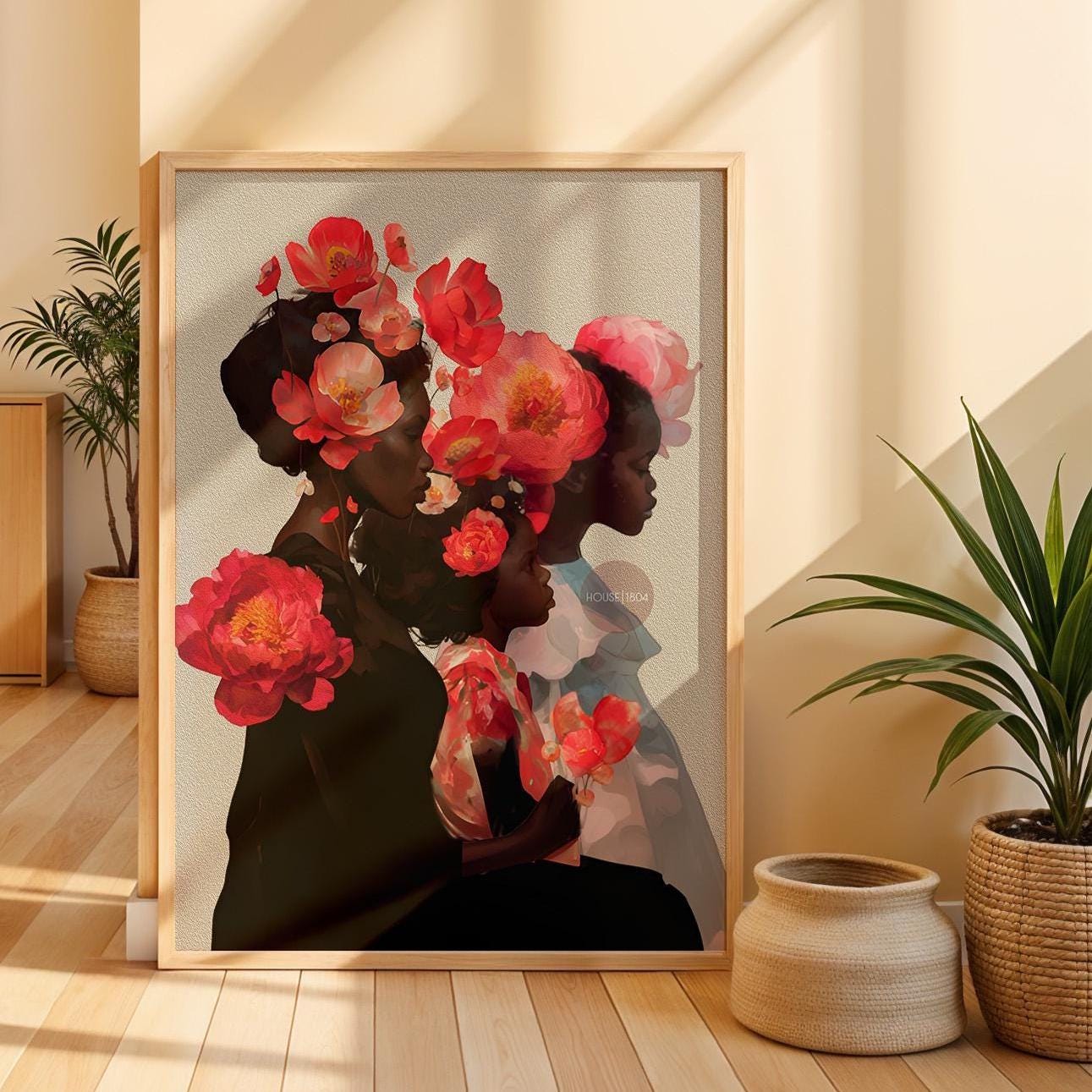 Black Mother and Two Daughters Framed Canvas Wall Art Print: