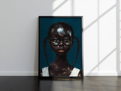 Black Girl Art Print, Little Black Girl Blues Portrait, Pigtails.