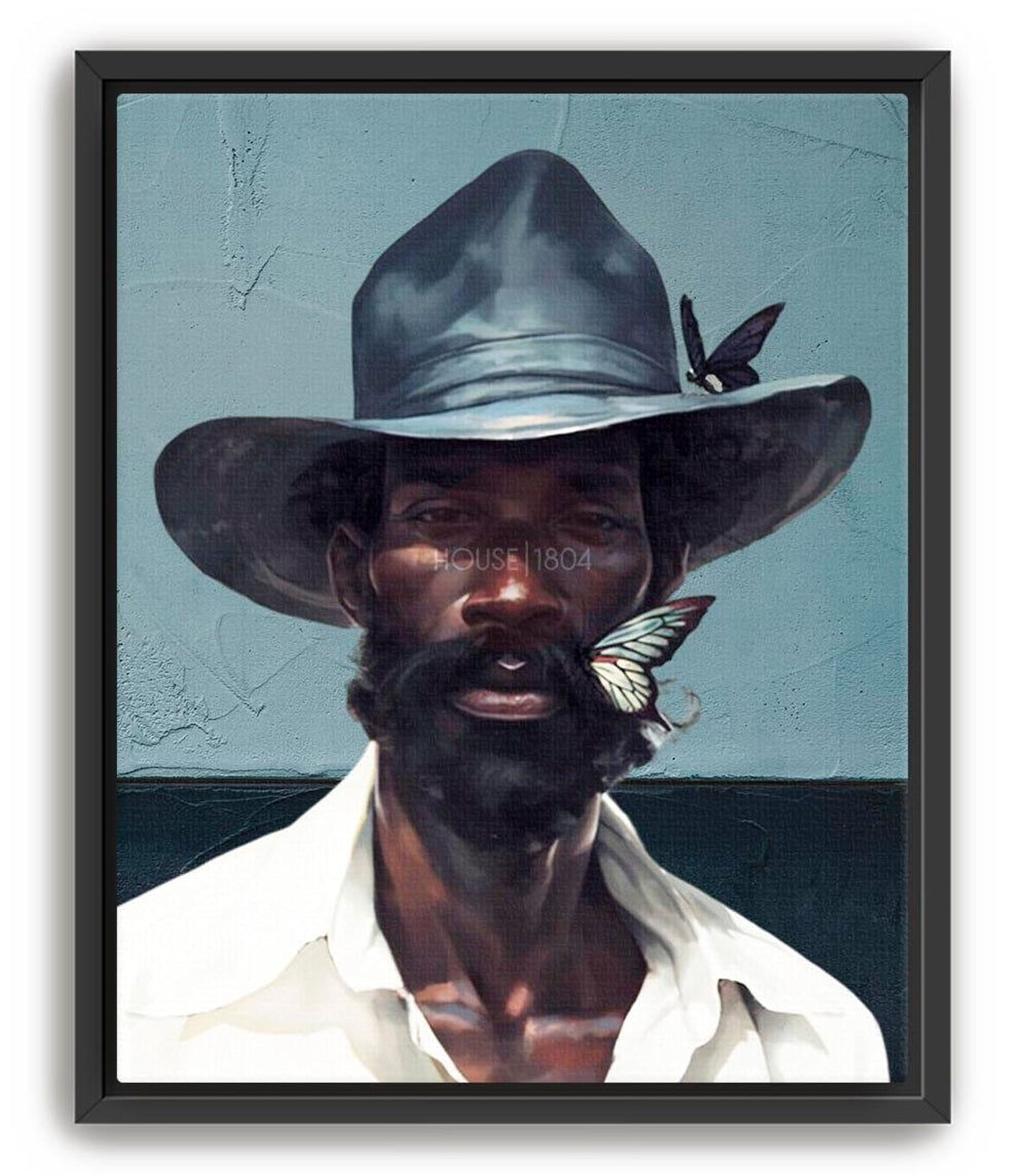 A portrait of a man wearing a cowboy hat with a butterfly resting on his chin. Various blues in the background and on the hat and on the butterfly hence the title Black Man Blues. Black framed canvas portrait.