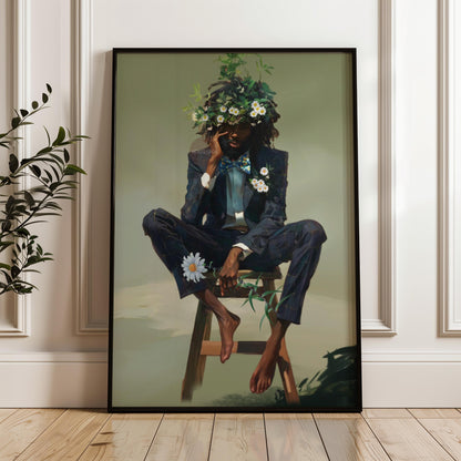 Black Man Floral Wall Art, Abstract Male Portrait, Contemporary Modern Canvas Print, Male Abstract Moody Wall Framed Print