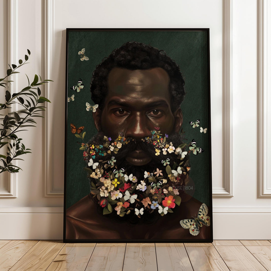 Floral Beard Art Print: Masculine Black Art, Melanin Home Decor