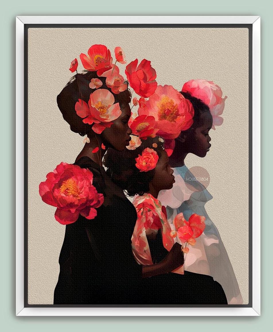 Black Mother and Two Daughters Framed Canvas Wall Art Print: