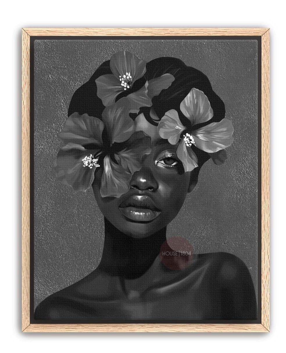 Black Woman Flower Art Print: Monochrome Portrait Wall Art
