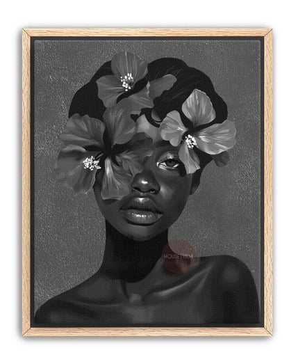 Black Woman Flower Art Print: Monochrome Portrait Wall Art