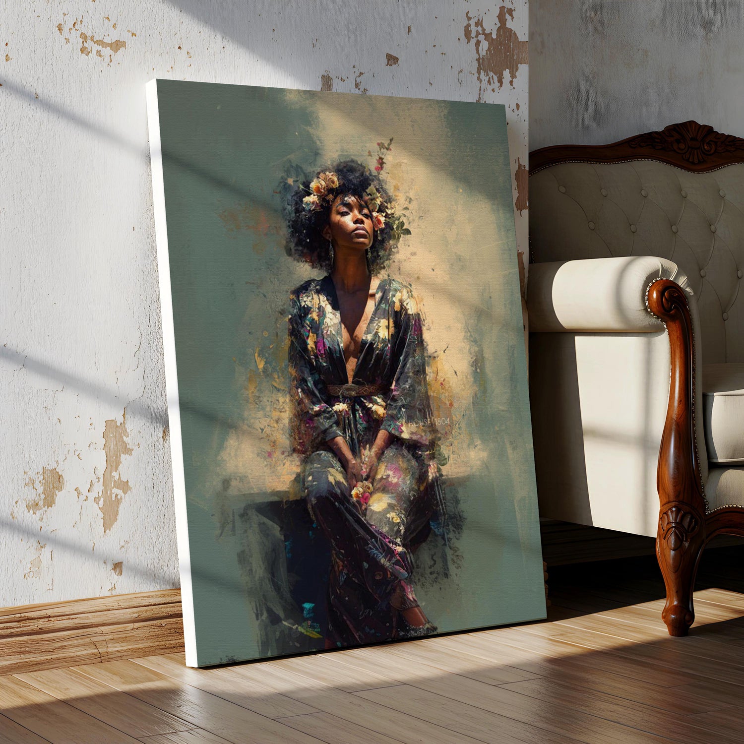 Bohemian Black Woman Art: Watercolor Canvas Portrait