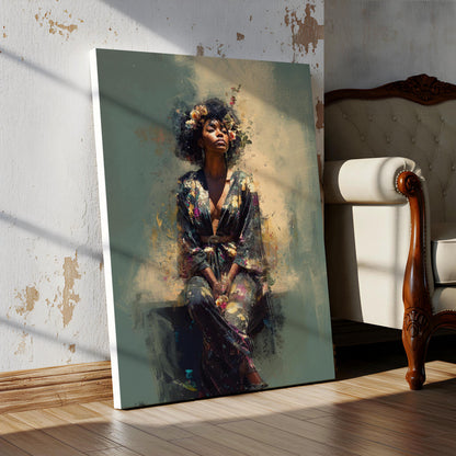 Bohemian Black Woman Art: Watercolor Canvas Portrait