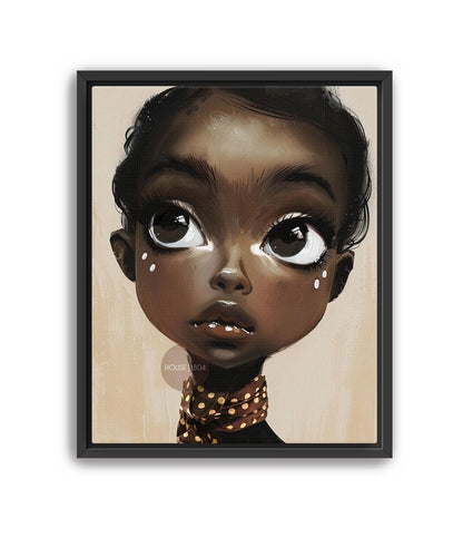 Black Girl Wall Art, Surreal Big Eye Portrait Print, Canvas Framed and Framed