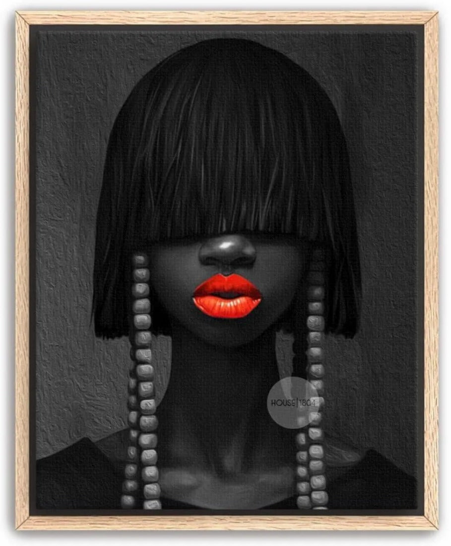 A striking black and white portrait of a woman with long, dark hair and vibrant red lips, set against a dark background.