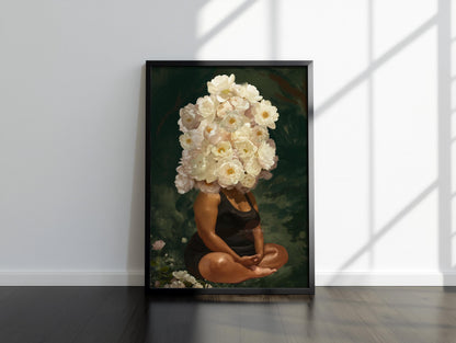 Curvy Black Woman Meditation: Meditative Wall Art Green