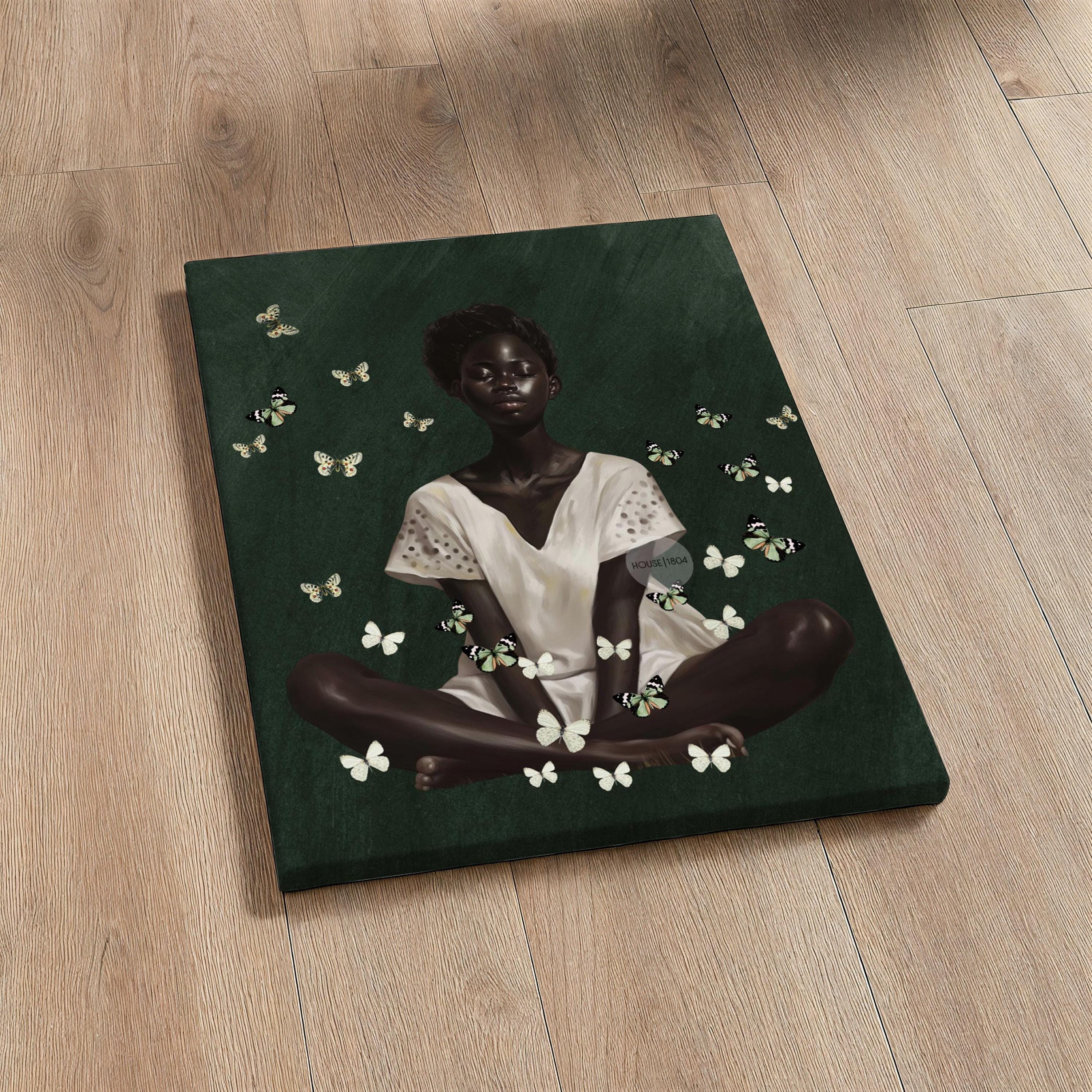 Black Woman Wall Art – Deep Green Serene Art Print With White Butterfly Portrait