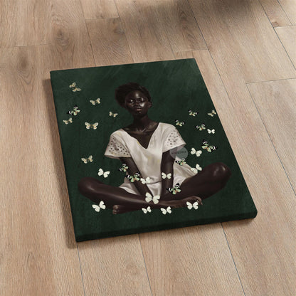 Black Woman Wall Art – Deep Green Serene Art Print With White Butterfly Portrait