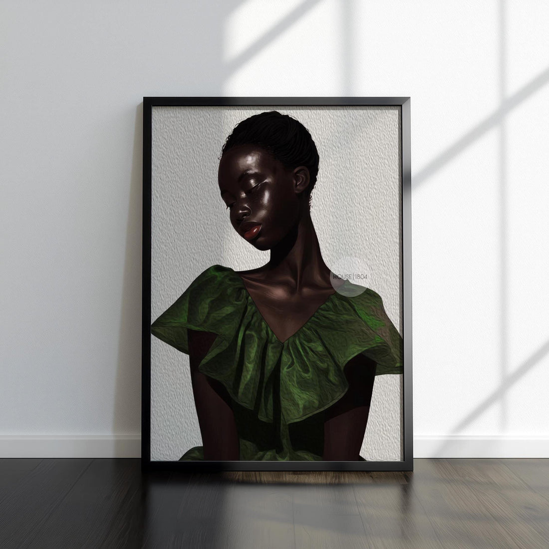 The image is a framed digitally textured artwork depicting a woman with beautiful dark skin wearing a green ruffled dress. She is looking to the side with eyes closed in deep thought.