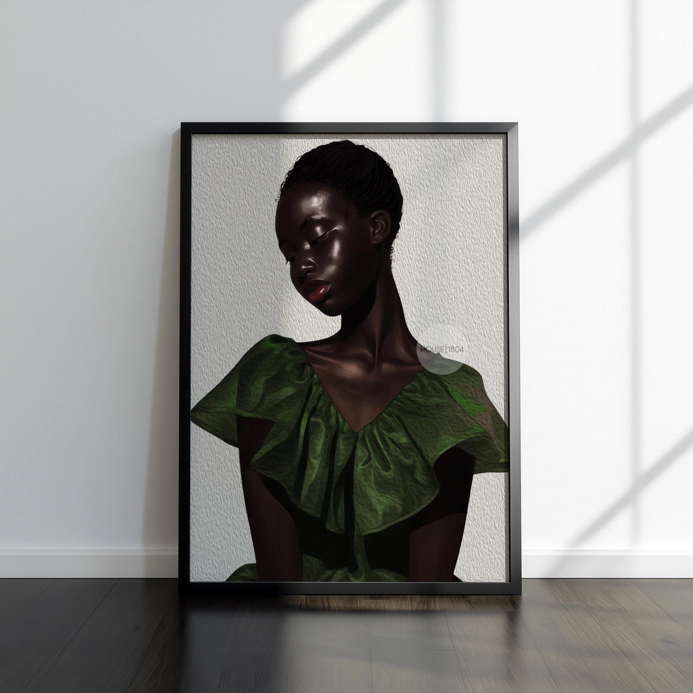 The image is a framed digitally textured artwork depicting a woman with beautiful dark skin wearing a green ruffled dress. She is looking to the side with eyes closed in deep thought.