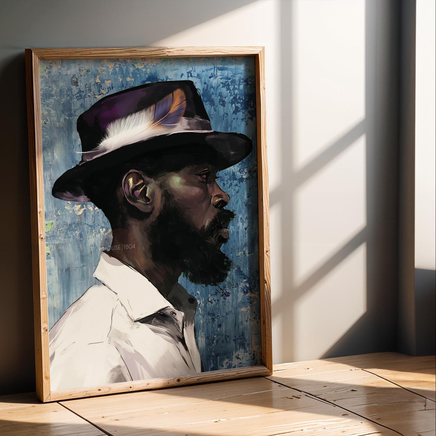 Modern Black Man Blues Framed Wall Art Gift for Him