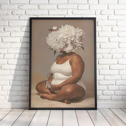 Curvy Black Woman Meditation Canvas: Flower Head Art, Positive Body Art Print
