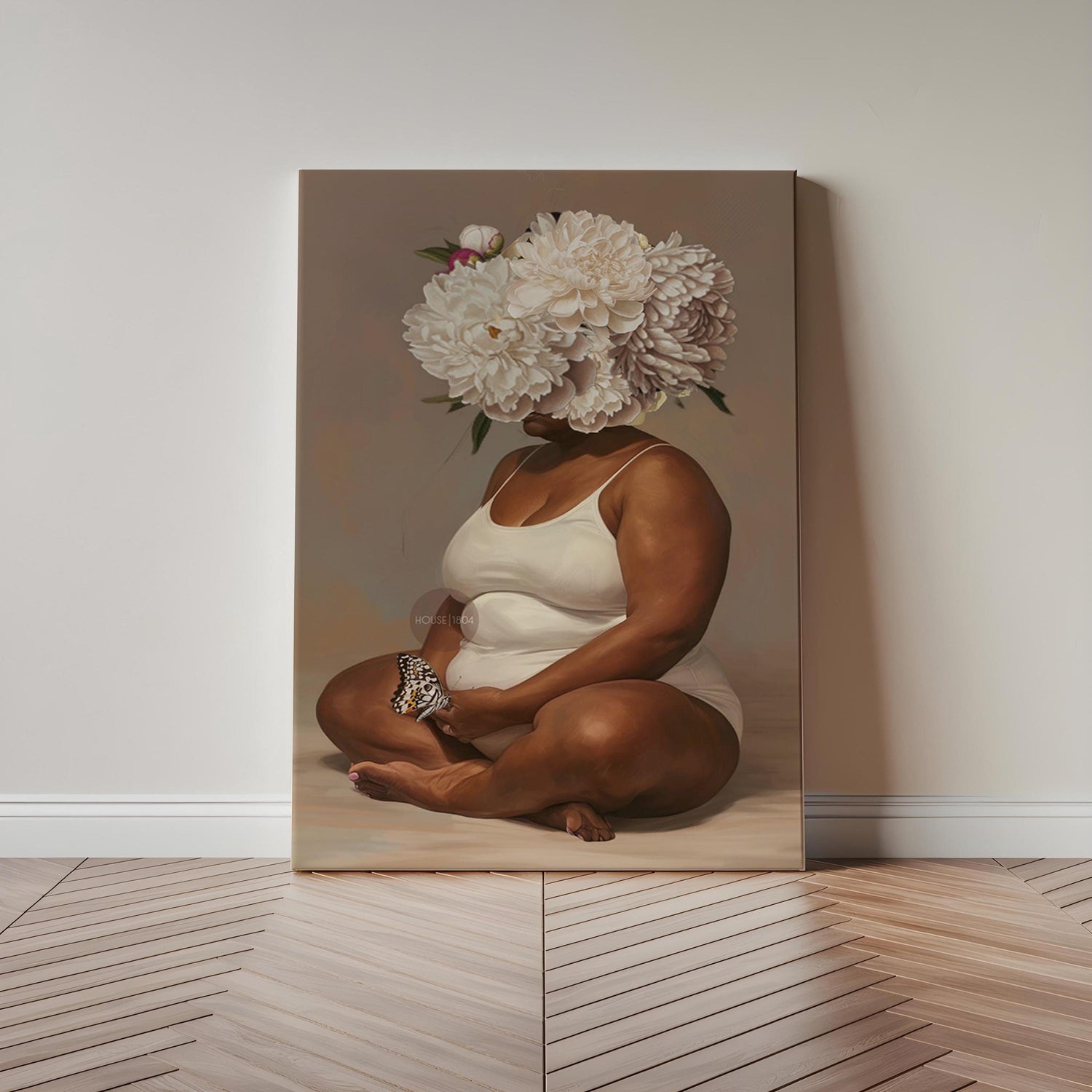 Curvy Black Woman Meditation Canvas: Flower Head Art, Positive Body Art Print