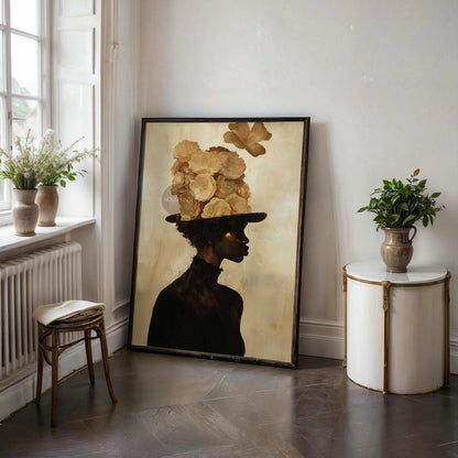 Black Woman Art Print: Gold Accent Abstract, Framed Canvas